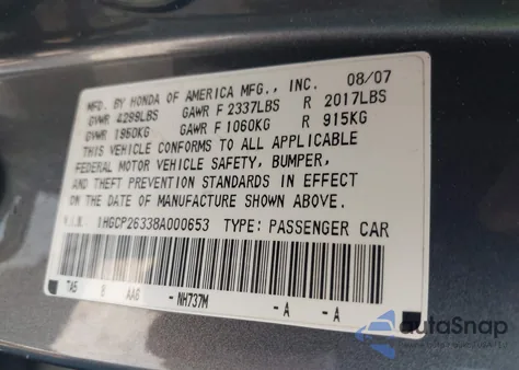 2008 Honda Accord 2.4 Lx from USA, damaged, VIN 1HGCP26338A000653